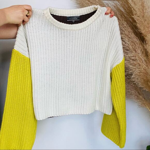 DOLLS KILL BLUE BLUSH White Brown Yellow Colorblock Chunky Knit Cozy Sweater S - Picture 7 of 11